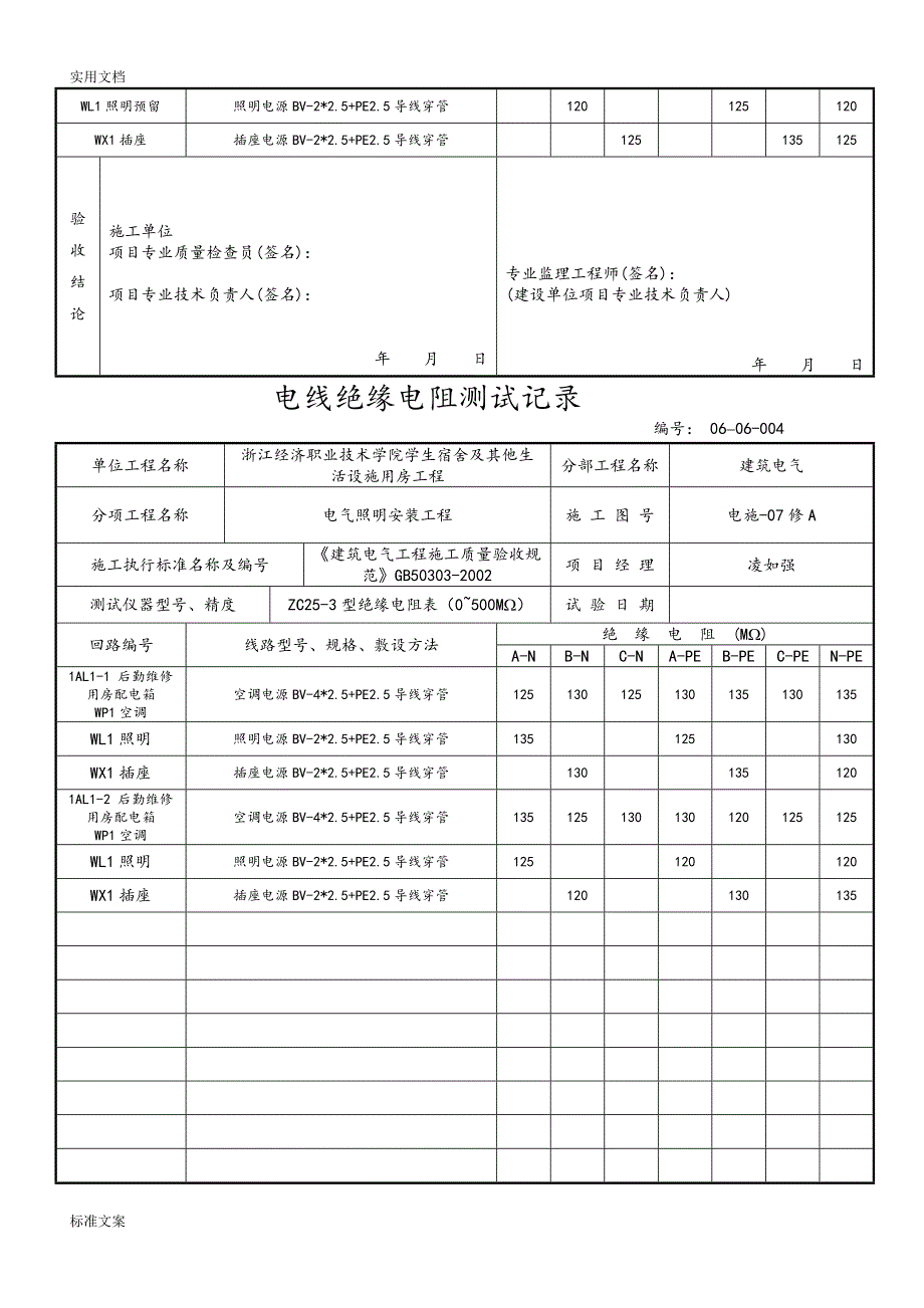 万达公馆12号楼3楼装修工程电线绝缘电阻测试记录簿_第4页