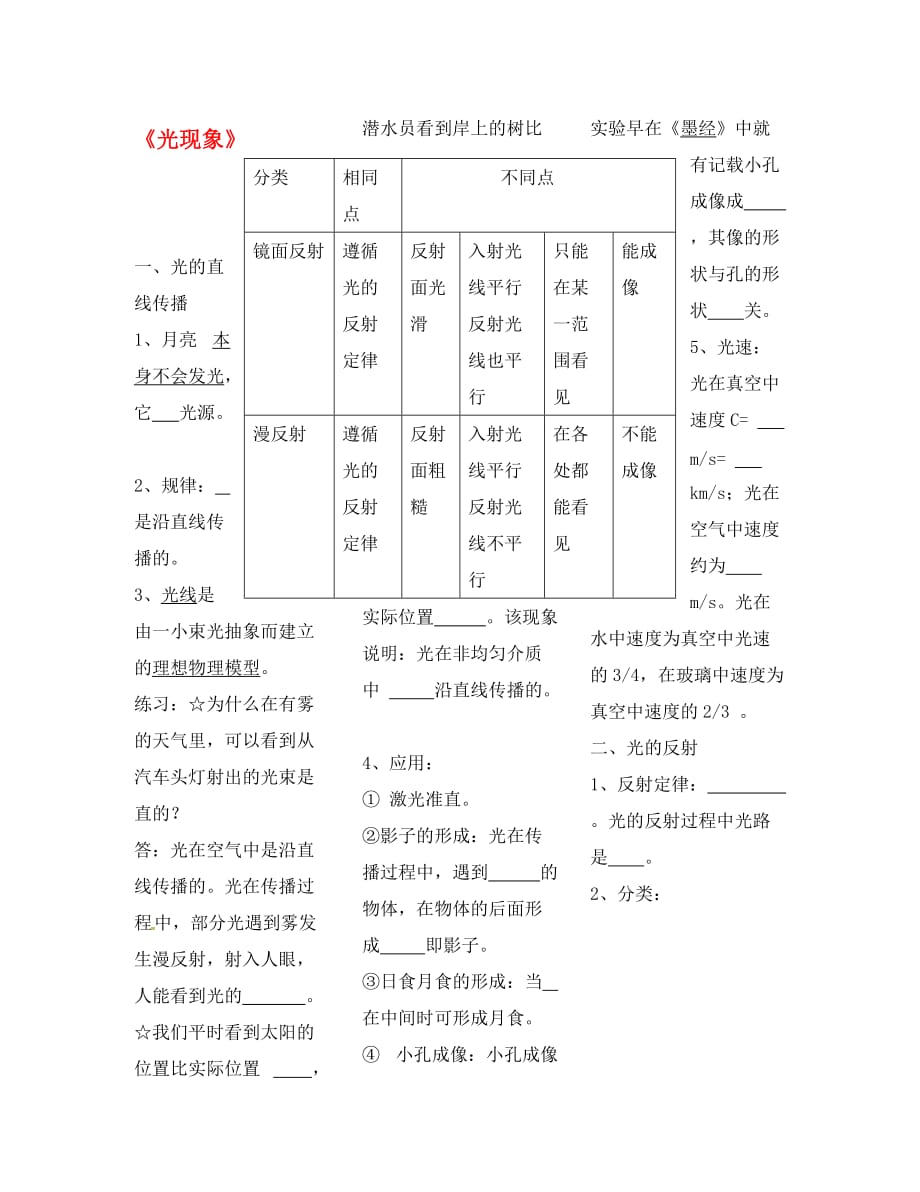 山东省龙口市诸由观镇诸由中学八年级物理上册 第三章 光现象复习提纲 鲁教版五四制_第1页