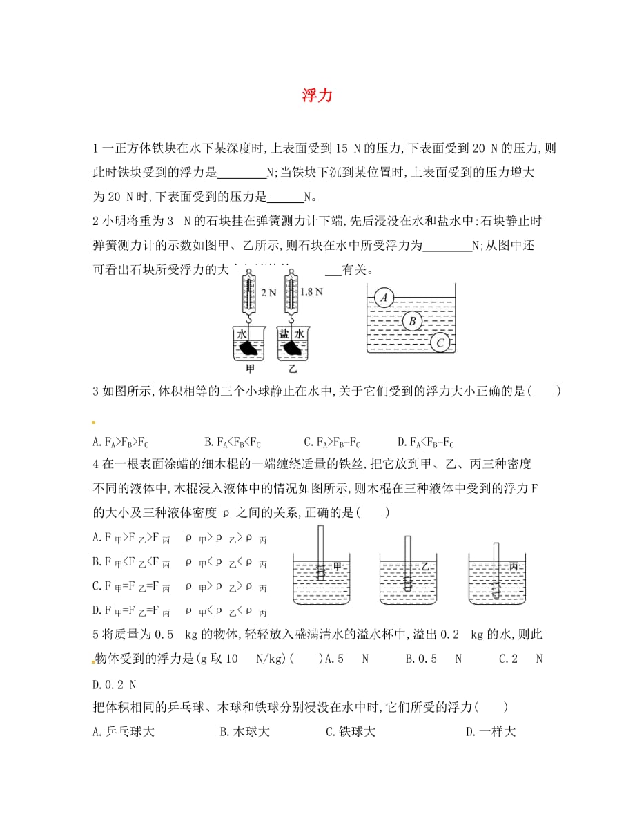 河南省洛阳地矿双语学校八年级物理下册 第10章《浮力》单元综合测试（无答案）（新版）新人教版_第1页