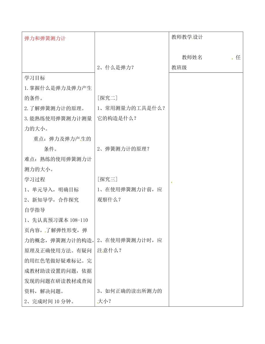 河南省淮阳县西城中学八年级物理全册《6.3 弹力与弹簧测力计》导学案2（无答案）（新版）沪科版_第1页