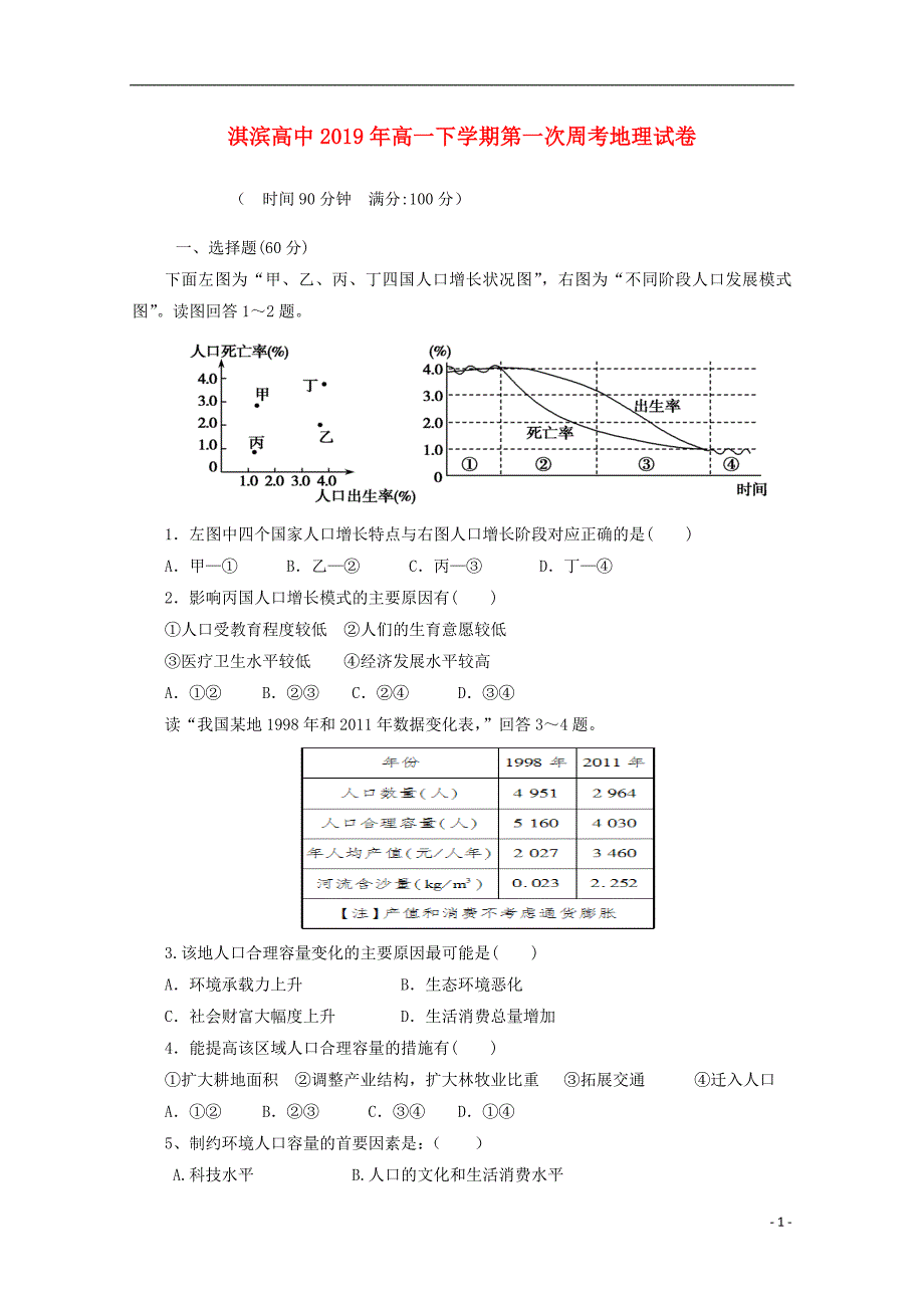 河南鹤壁淇滨高级中学高一地理第一次周练 1.doc_第1页