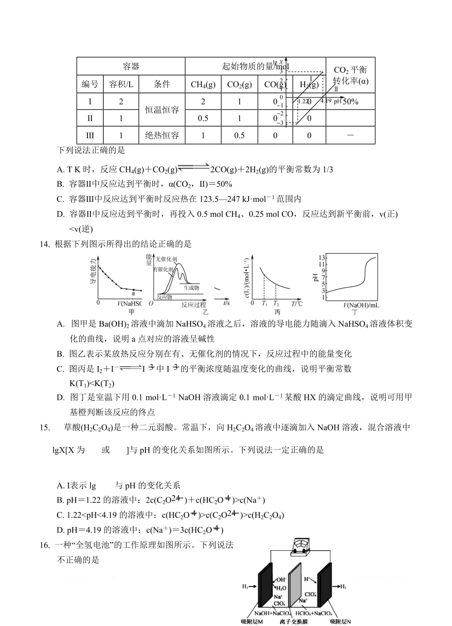 辽宁省葫芦岛市普通高中2020届高三上学期学业质量监测（期末）化学_第4页