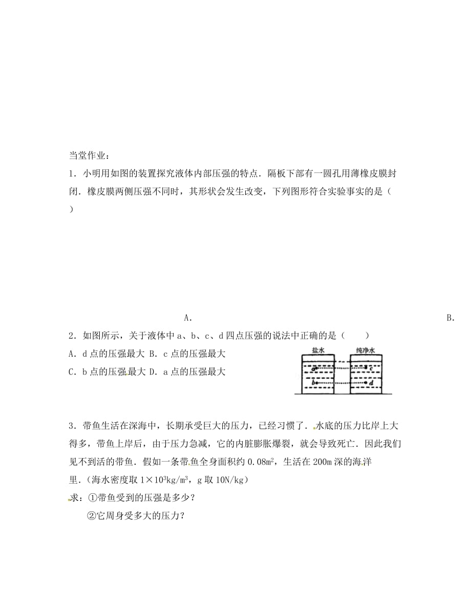 河北省石家庄市2020学年八年级物理下册 9.2 液体的压强学案（无答案）（新版）新人教版_第3页
