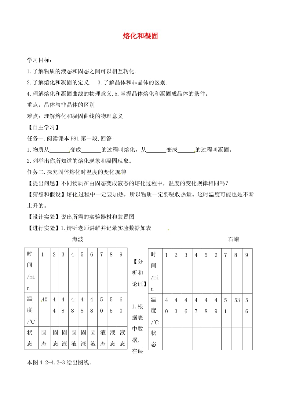 山东省滨州市博兴县锦秋街道办事处清河学校八年级物理上册 3.2 熔化和凝固导学案（无答案）（新版）新人教版_第1页