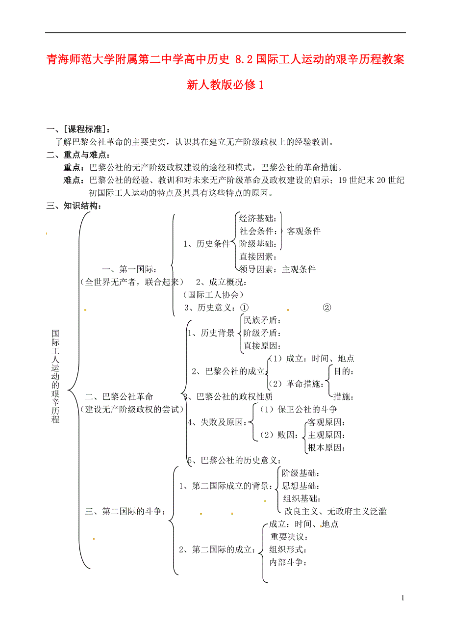 高中历史 8.2国际工人运动的艰辛历程教案 必修1.doc_第1页