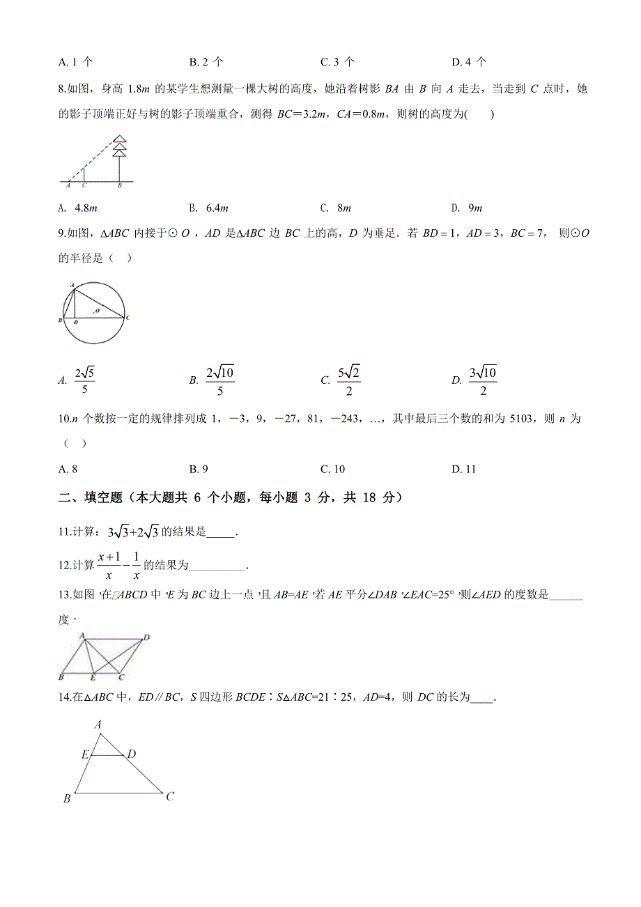 湖北省武汉二桥中学2019-2020年九年级下学期3月月考数学试题（无答案）_第2页