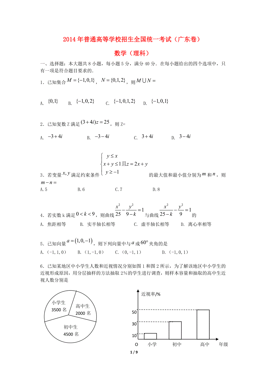 2014年普通高等学校招生全国统一考试数学理试题（广东卷含答案）.doc_第1页