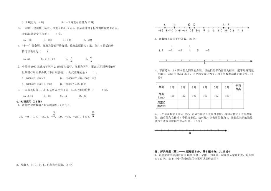 人教版六年级数学下学期第一、二单元测试卷及答案_第2页