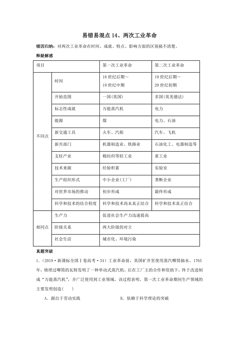 2020年高考历史易错易混专题突破 两次工业革命(解析版）_第1页