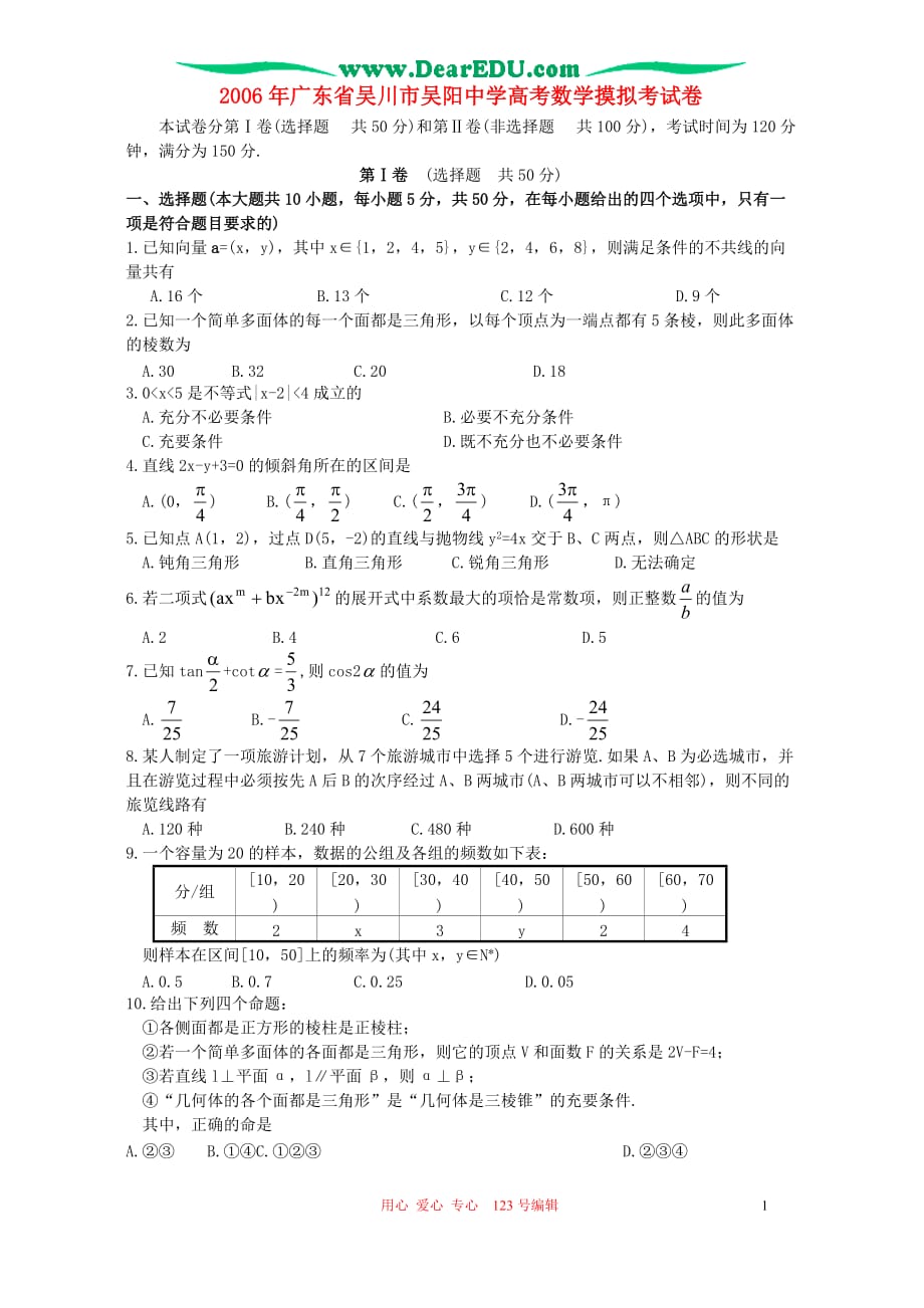 广东吴川吴阳中学数学摸拟考 人教.doc_第1页