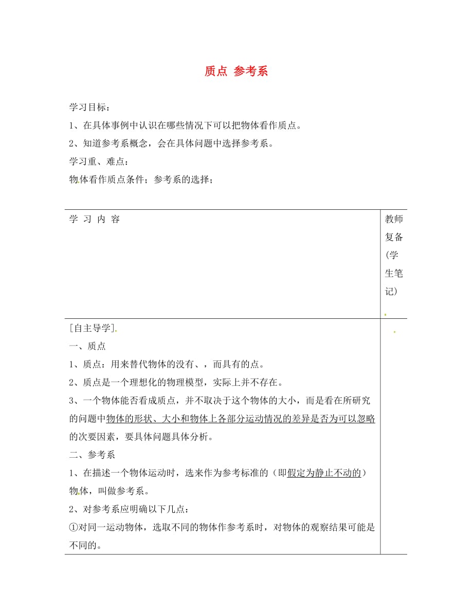 江苏省铜山县高中物理 质点 参考系学案（无答案）新人教版（通用）_第1页