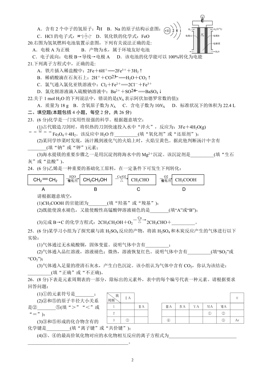 2018年湖南省普通高中学业水平考试试卷化学真题_第2页