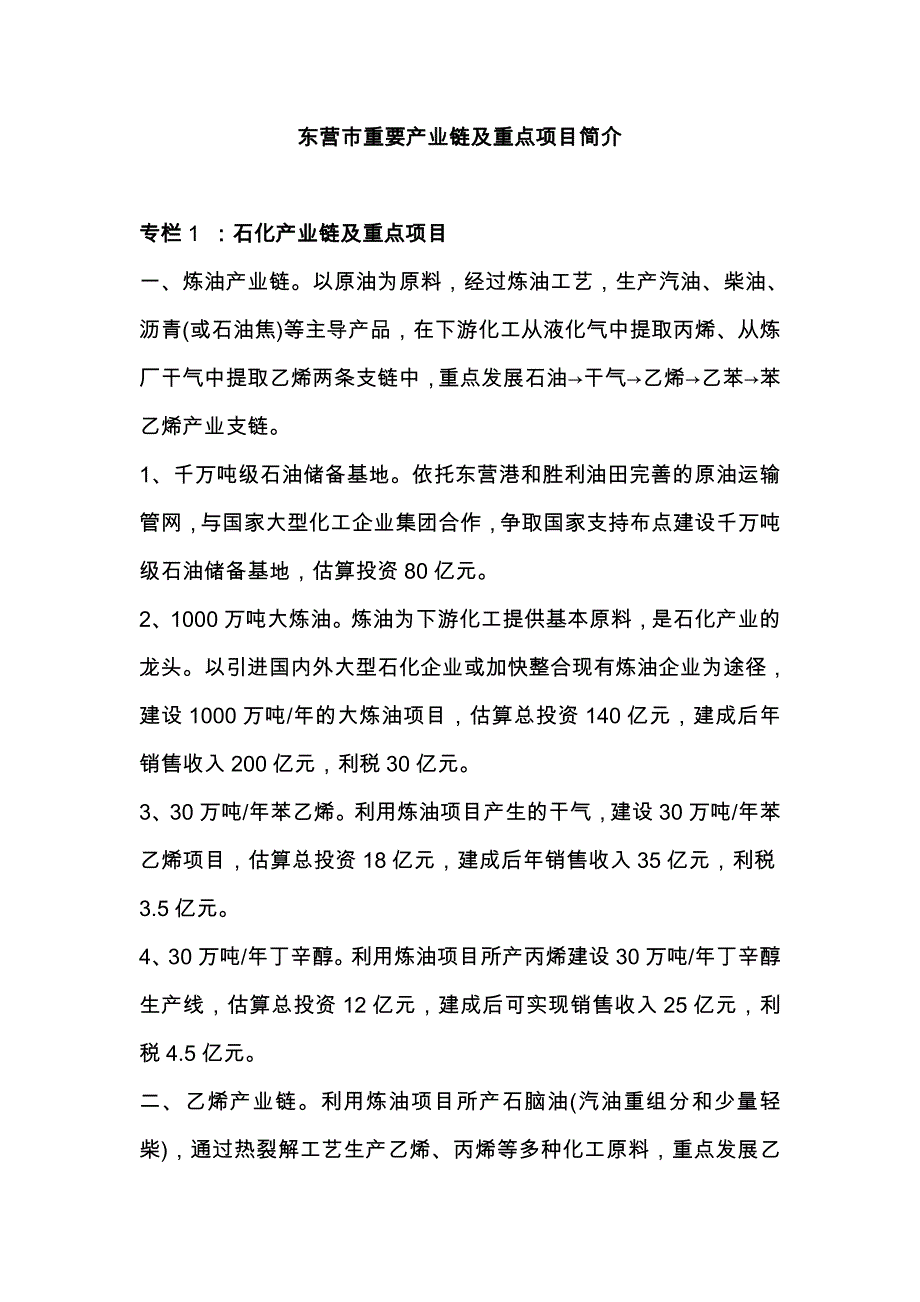 （项目管理）东营市重要产业链及重点项目简介_第1页