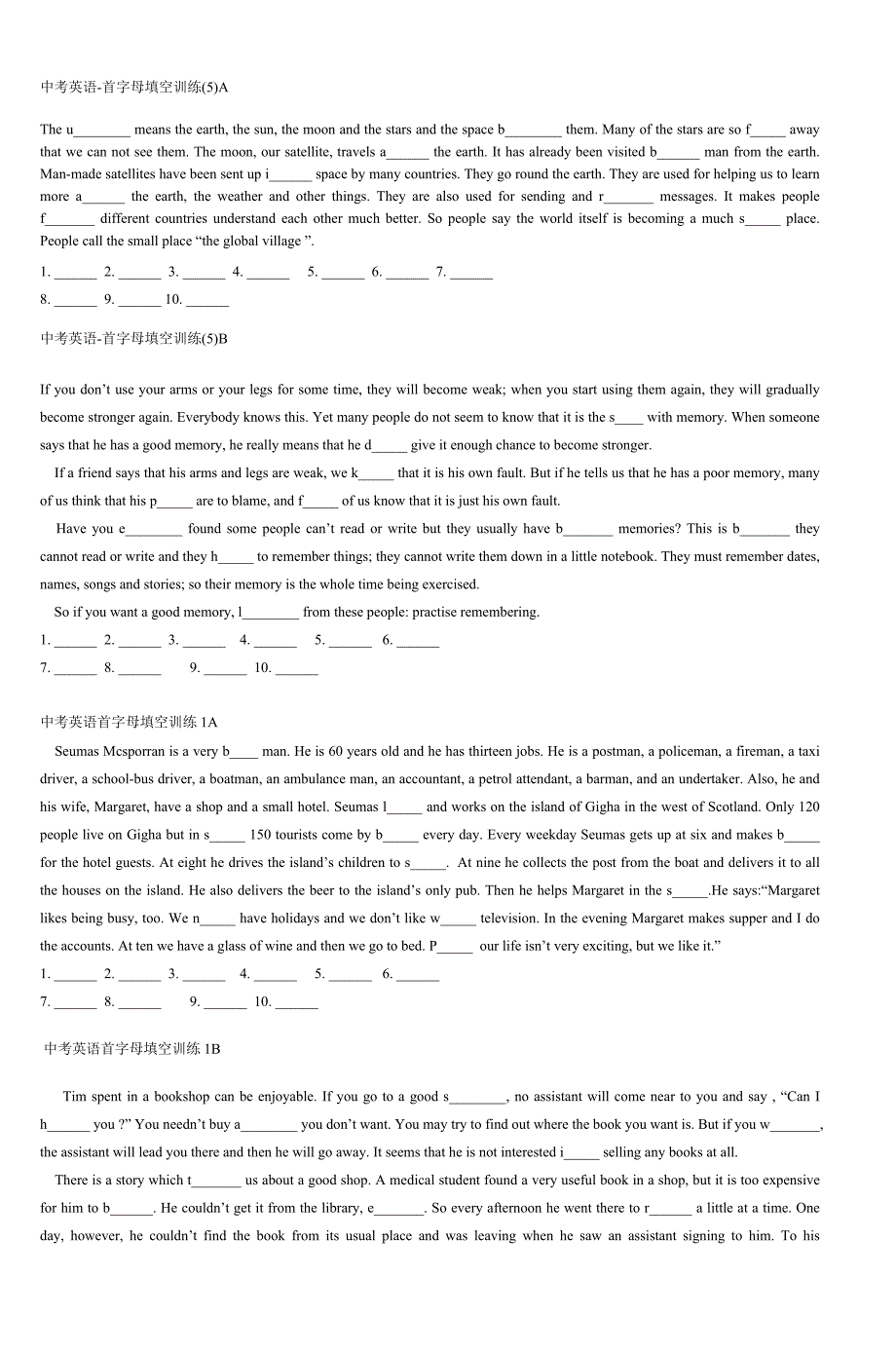 中考英语首字母填空训练(5)A_第1页