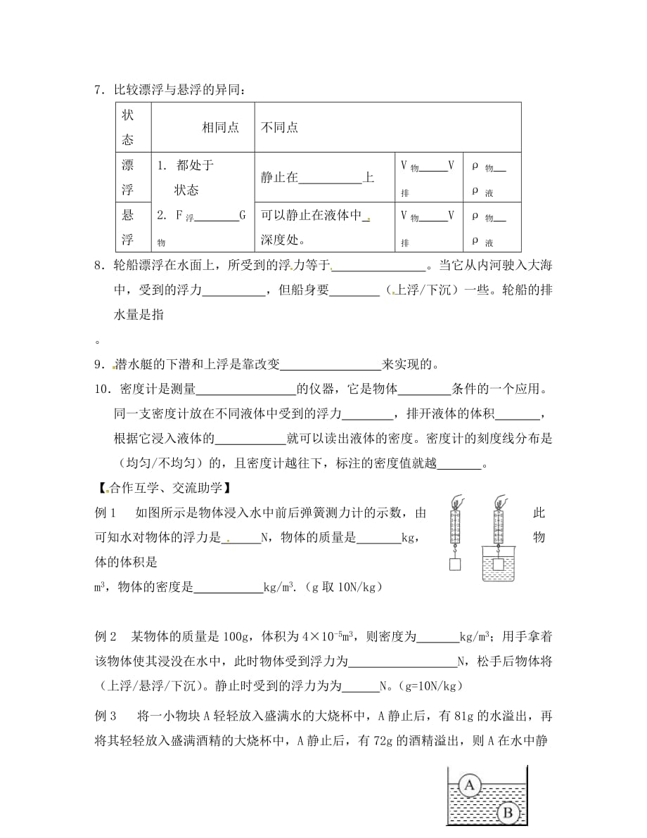 江苏省高邮市八年级物理下册 第十章 压强与浮力（第2课时）复习导学案（无答案）（新版）苏科版（通用）_第2页