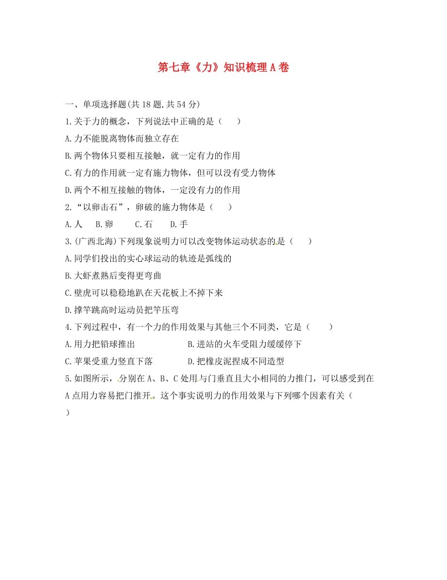 河南省永城市八年级物理下册 第七章《力》知识梳理A卷（无答案）（新版）新人教版（通用）_第1页