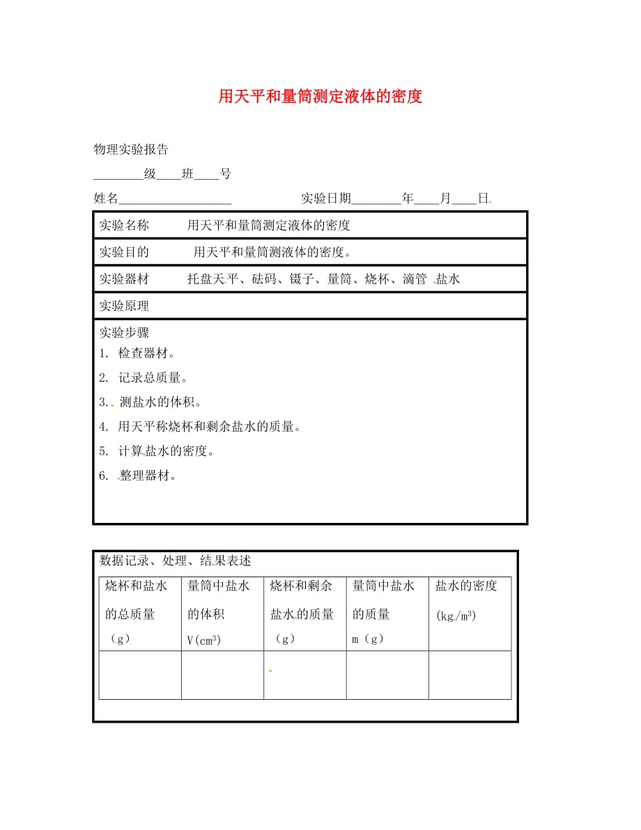 江苏省东海县八年级物理上册 实验报告 用天平和量筒测定液体的密度 苏科版（通用）_第1页
