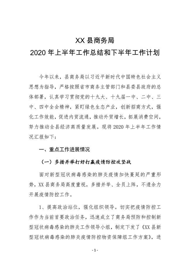 XX县商务局2020年上半年工作总结和下半年工作计划