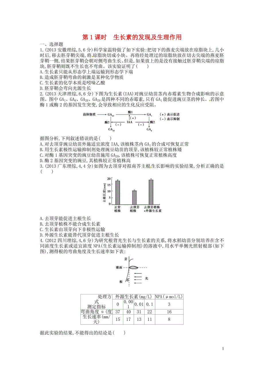 三高考两模拟高考生物总复习第九单元第1课时生长素的发现及生理作用练习.doc_第1页