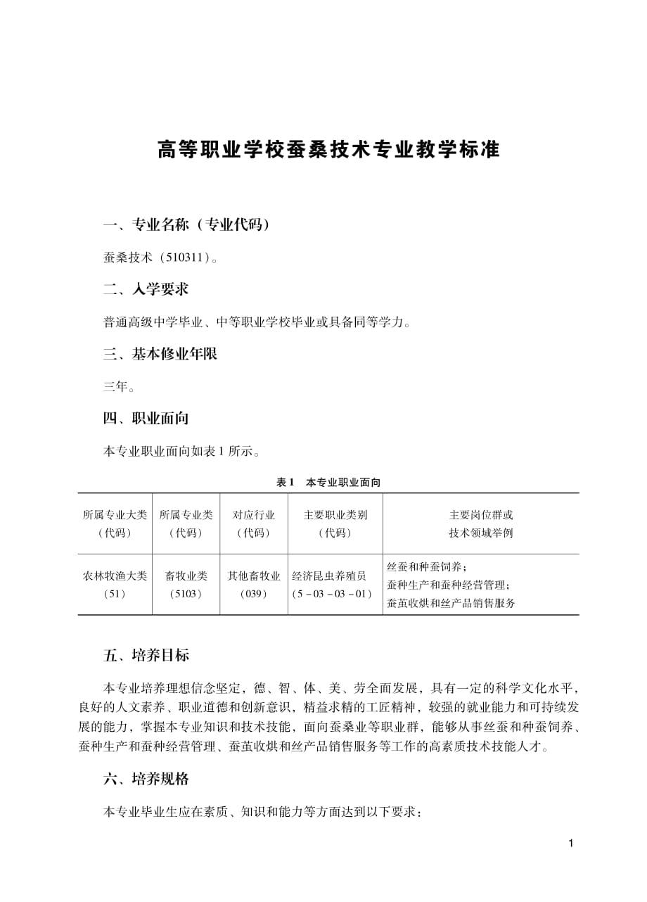 高等职业学校蚕桑技术专业教学标准_第1页