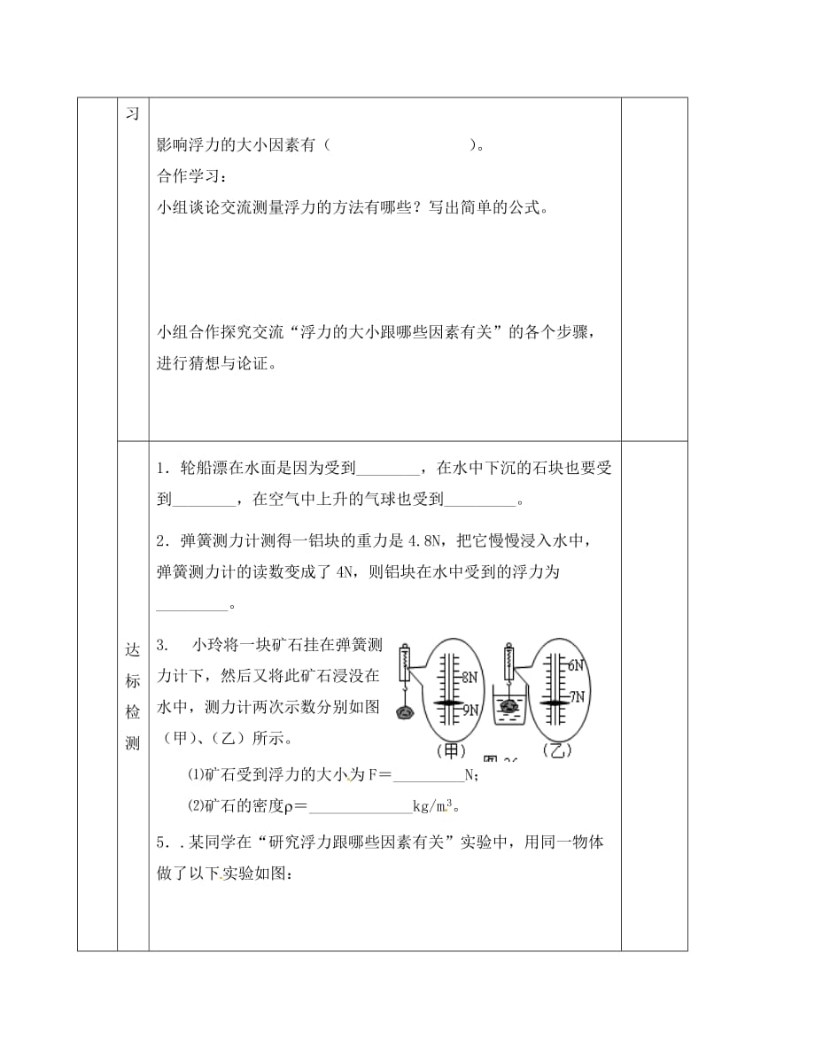 陕西省洛南县古城八年级物理下册《10.1 浮力》学案（无答案） （新版）新人教版（通用）_第2页