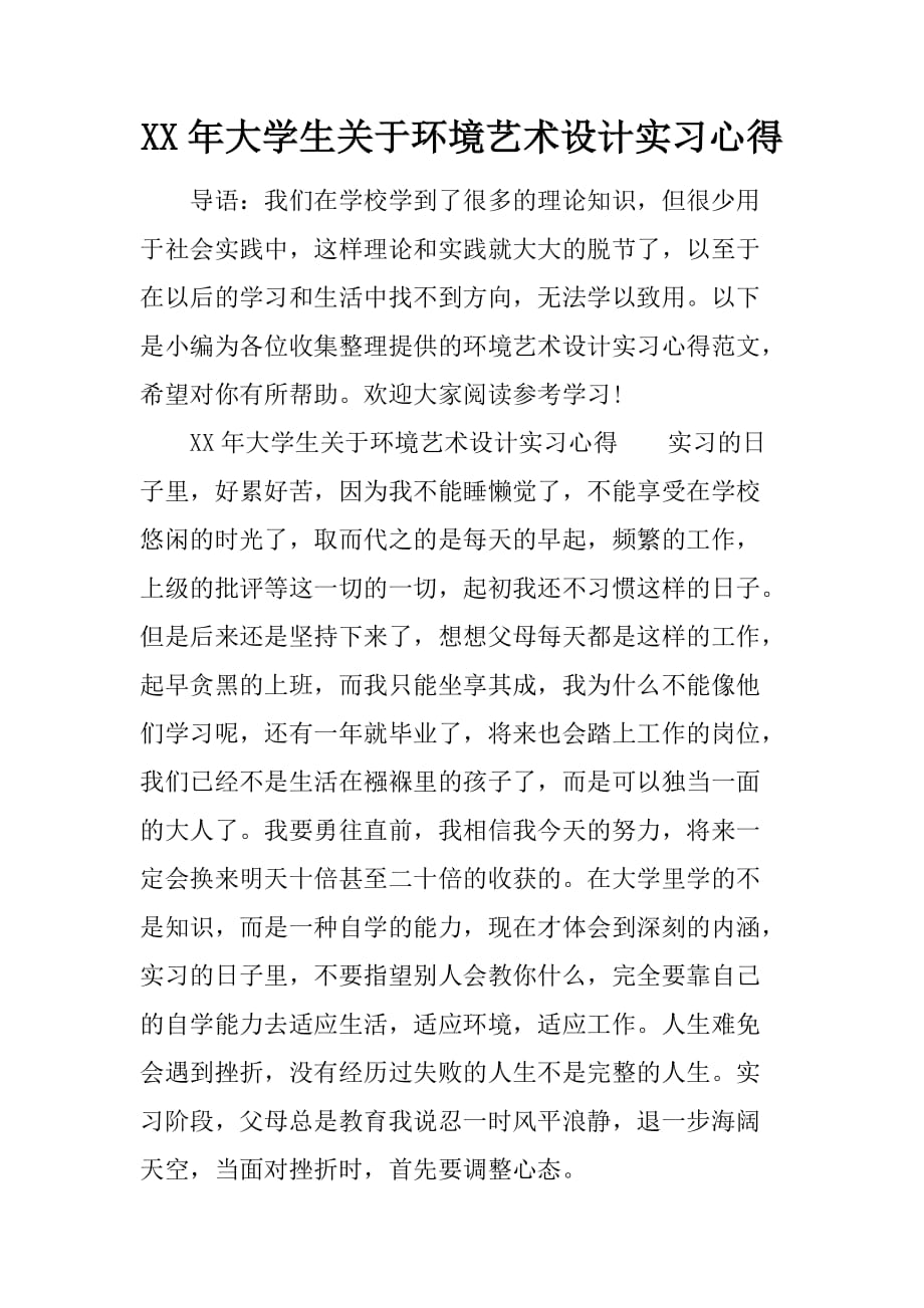 XX年大学生关于环境艺术设计实习心得_第1页