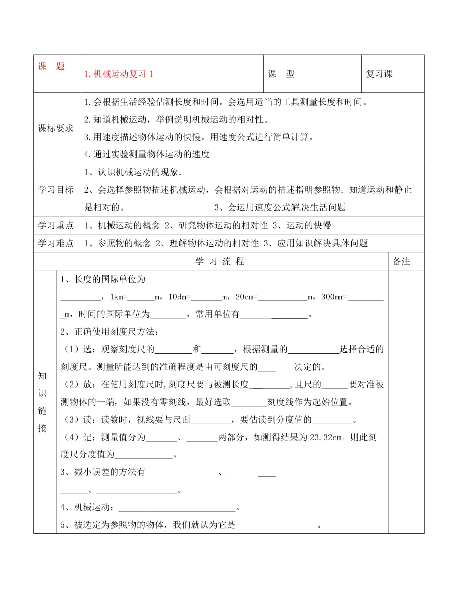 安徽省阜阳市太和县苗集中心学校八年级物理上册 第一章 机械运动复习导学案1（无答案）（新版）新人教版_第1页