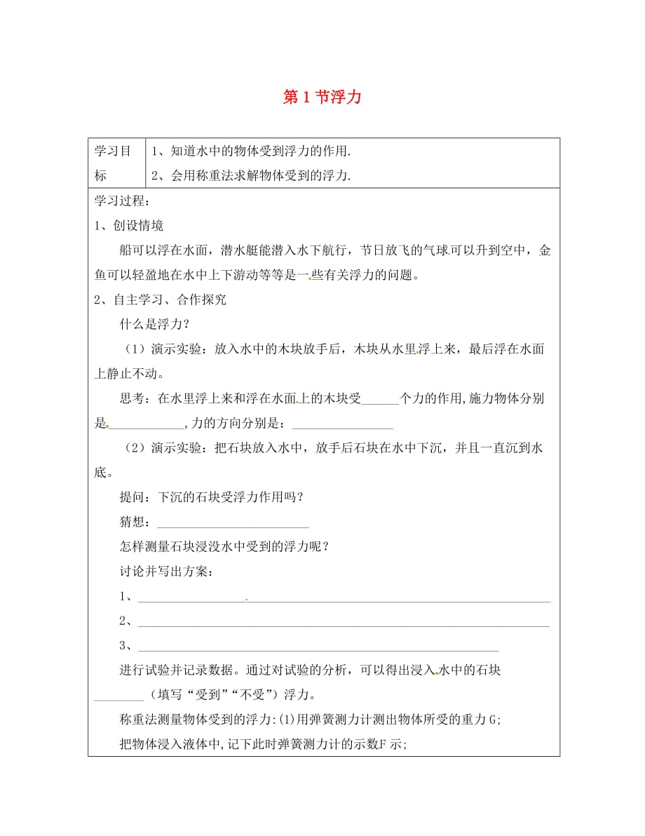 陕西省延安市黄陵县店头中学八年级物理下册 10.1 浮力学案（无答案）（新版）新人教版_第1页