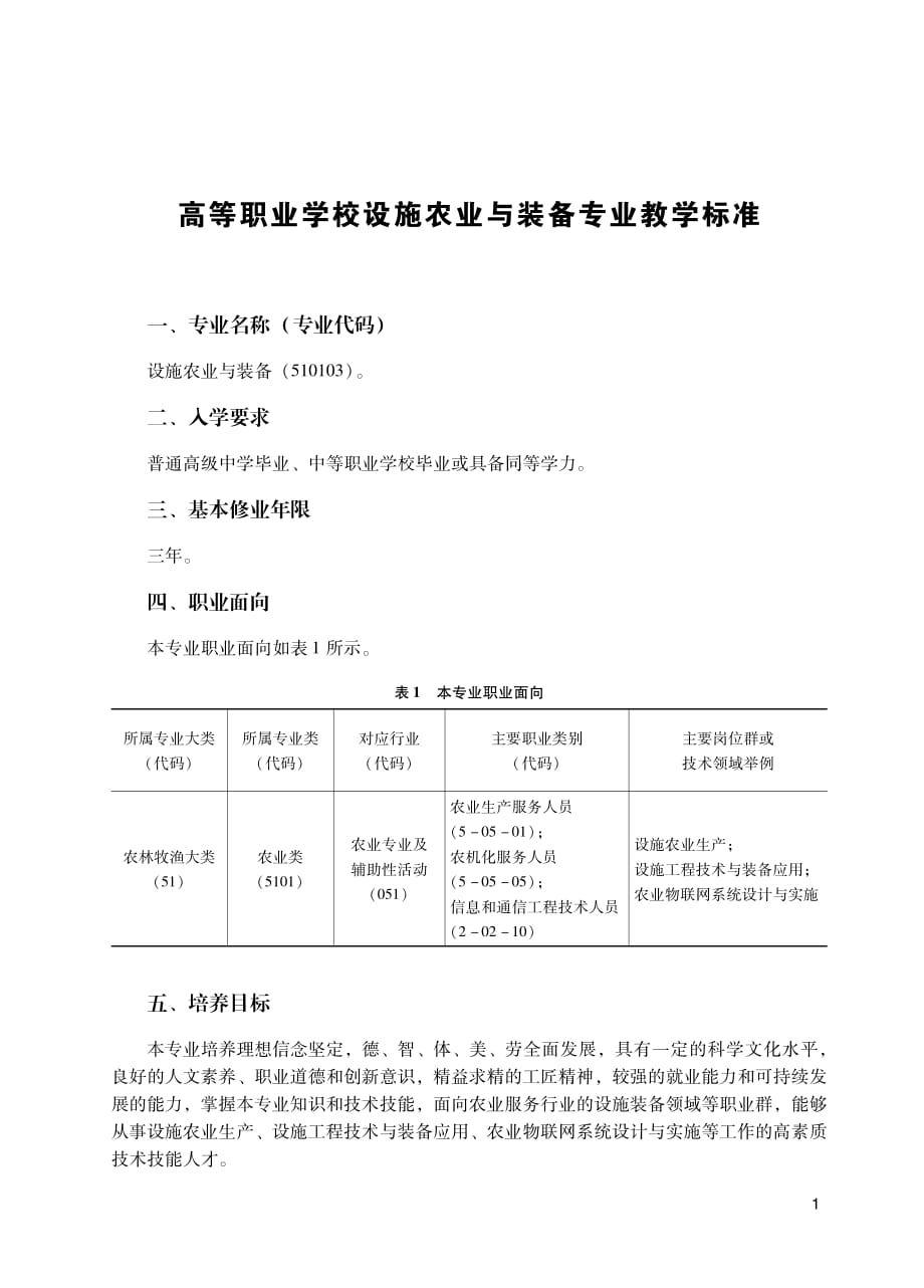 高等职业学校设施农业与装备专业教学标准_第1页