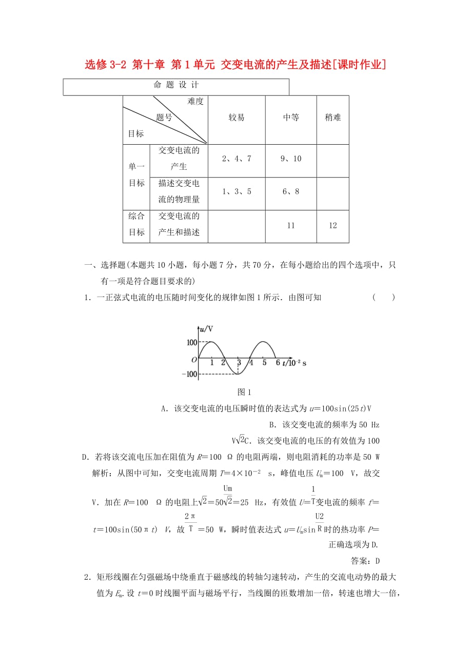 2011高考物理一轮复习成套课时练习 第十章第一单元交变电流的产生及描述课时作业 选修3.doc_第1页