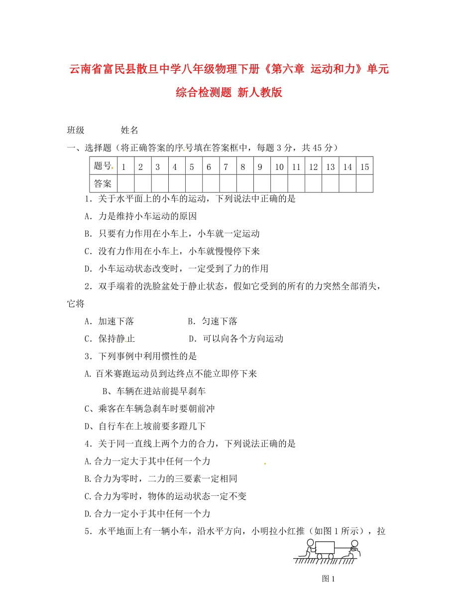 云南省富民县散旦中学八年级物理下册《第六章 运动和力》单元综合检测题（无答案） 新人教版（通用）_第1页