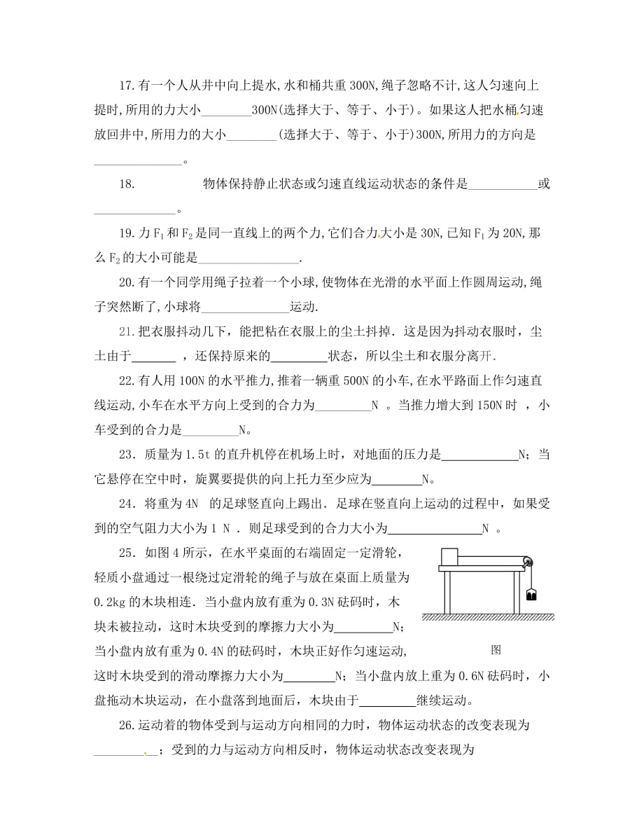 云南省富民县散旦中学八年级物理下册《第六章 运动和力》单元综合检测题（无答案） 新人教版（通用）_第4页