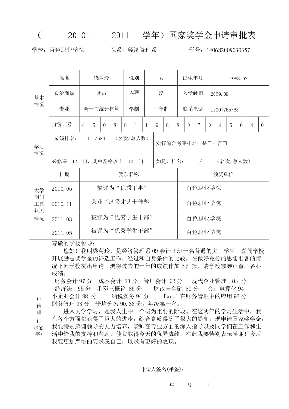 国家奖学金申请申批表_第1页