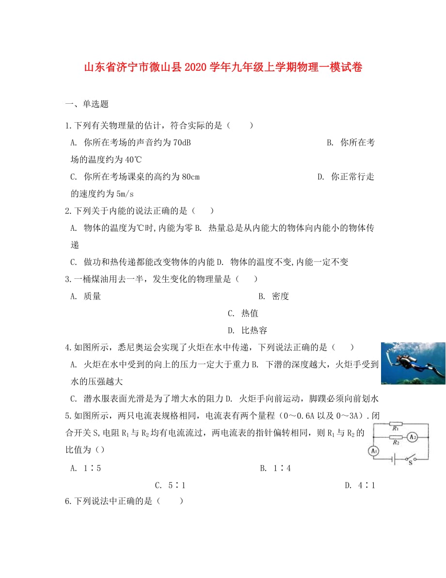 山东省济宁市微山县2020学年九年级物理上学期一模试卷_第1页