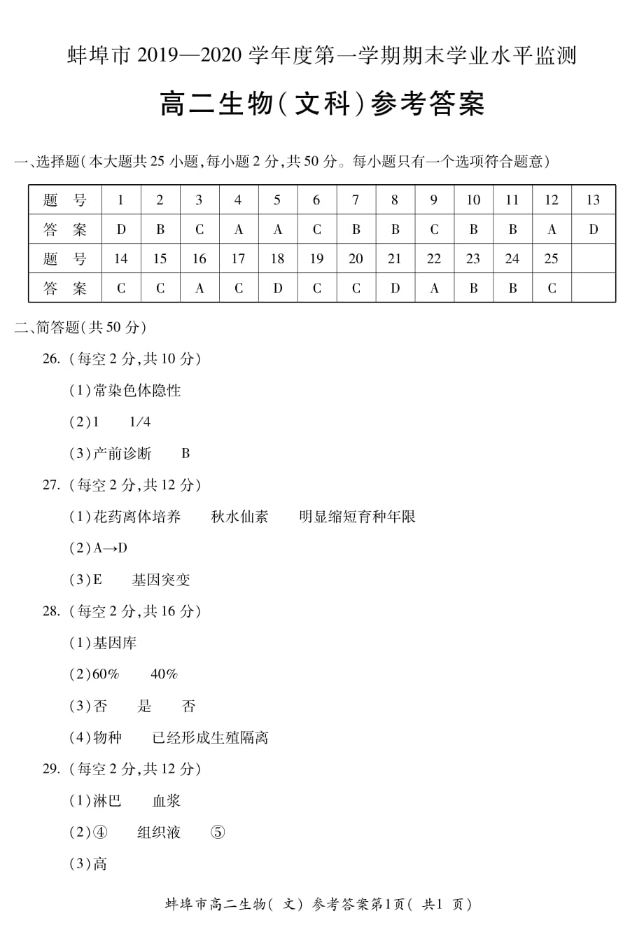 安徽蚌埠2020高二生物期末考试 文.pdf_第1页