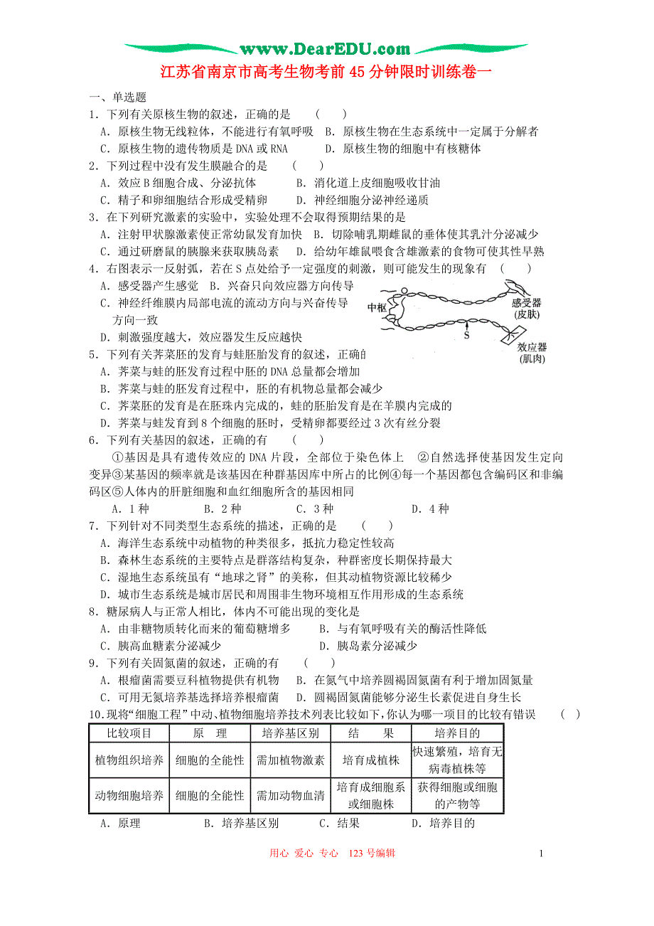 江苏南京高考生物45分钟限时训练卷一.doc_第1页