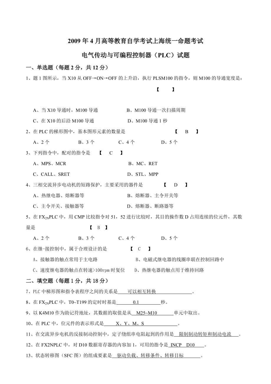 2009年4月高等教育自学考试上海统一命题考试《电气传动与可编程控制器(PLC)》试卷(机械制造及自动化专业)_第1页