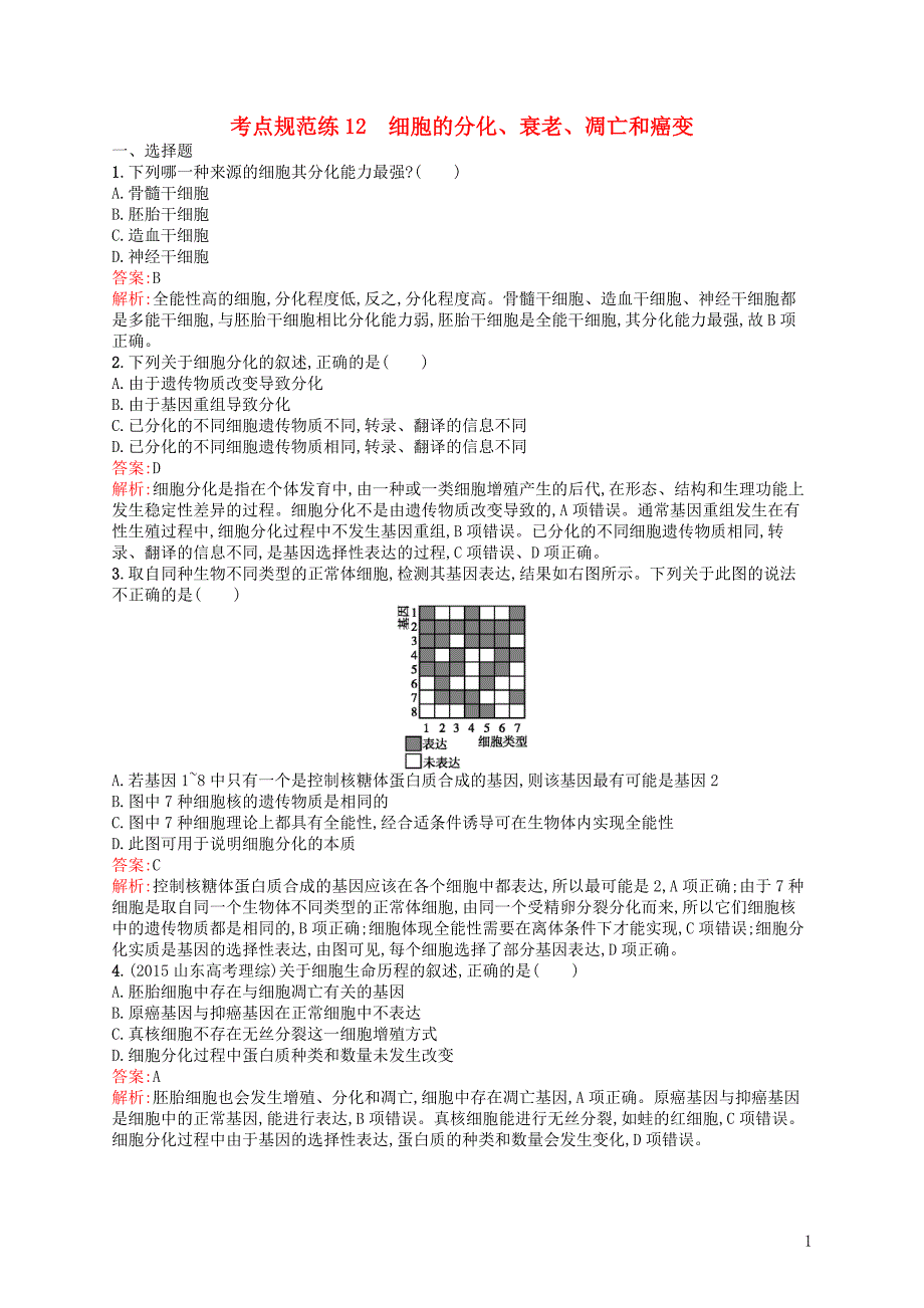 高优指导高三生物一轮复习考点规范练12细胞的分化、衰老、凋亡和癌变1.doc_第1页