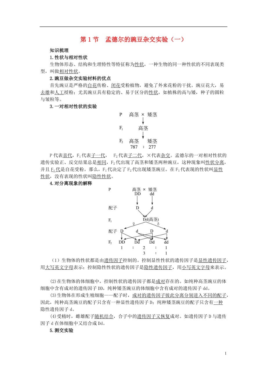 高中生物1.1孟德尔的豌豆杂交实验一知识梳理素材新人教必修2.doc_第1页