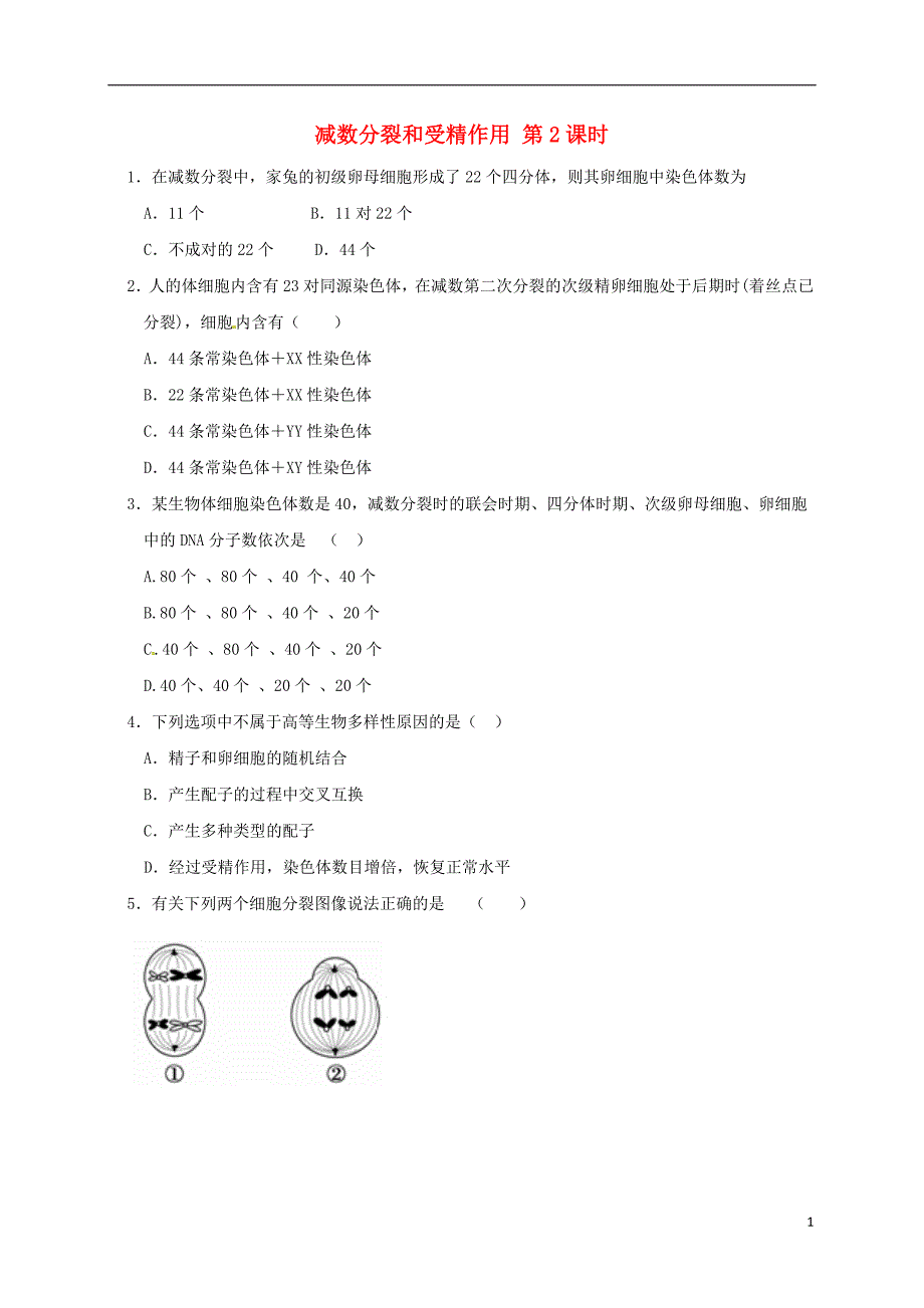 河北邢台高中生物第二章基因和染色体的关系2.1减数分裂和受精作用第2课时课时训练必修21.doc_第1页