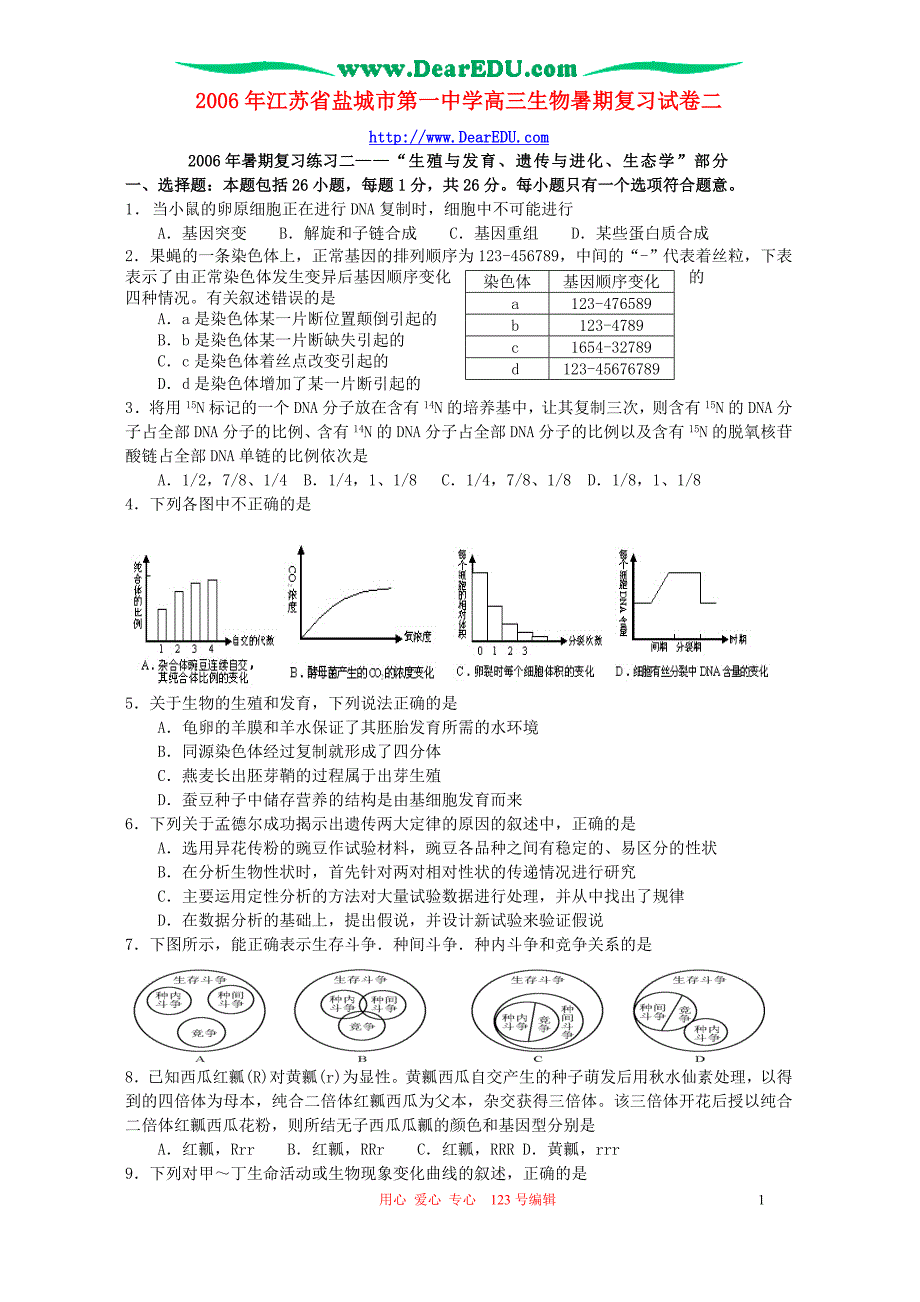 江苏盐城第一中学高三生物暑期复习二.doc_第1页