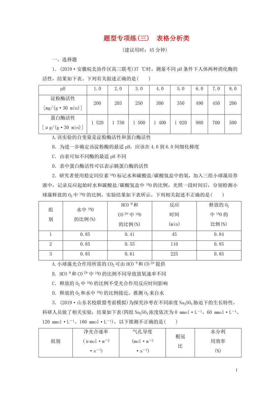 新高考2020高考生物二轮复习第一部分题型专项练题型专项练三表格分析类.doc_第1页