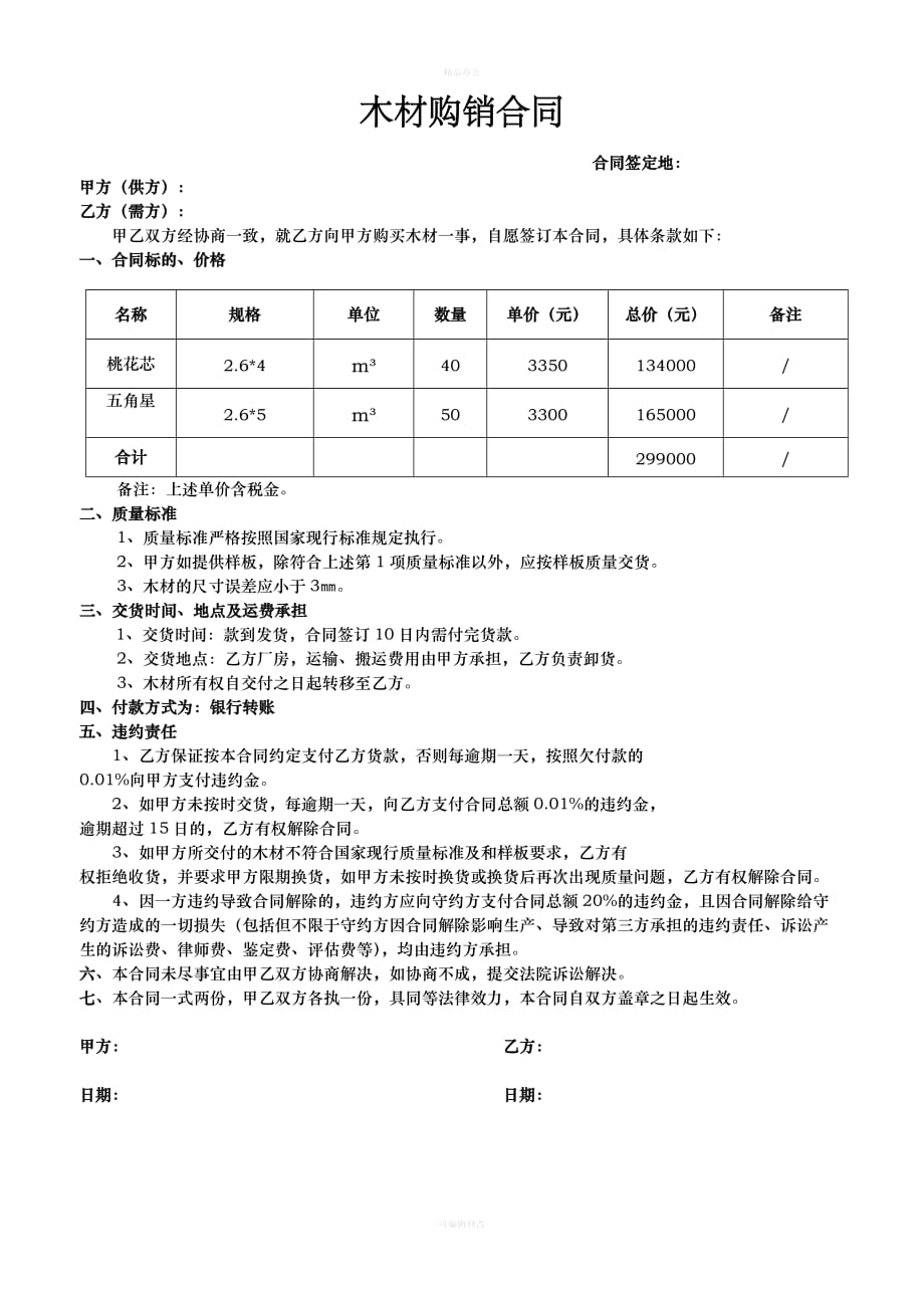 简单木材购销合同（律师整理版）_第1页