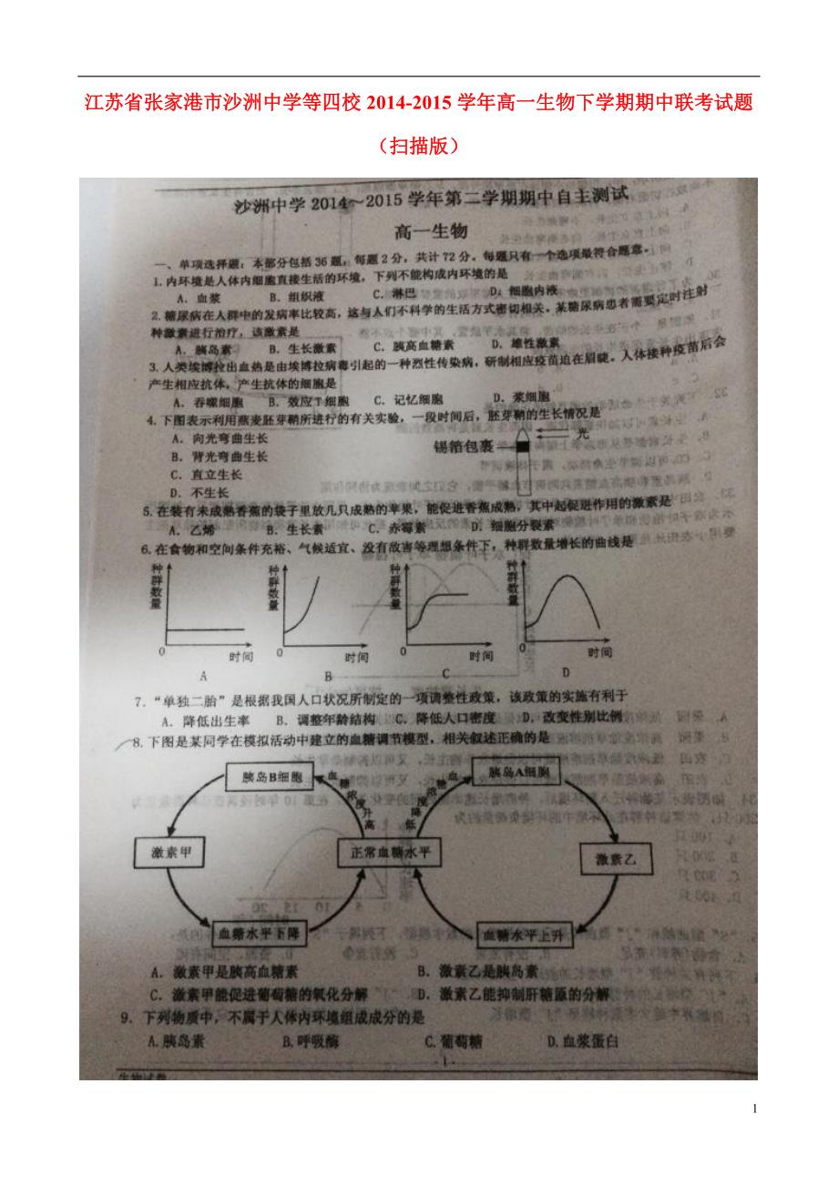 江苏张家港沙洲中学等四校高一生物期中联考1.doc_第1页