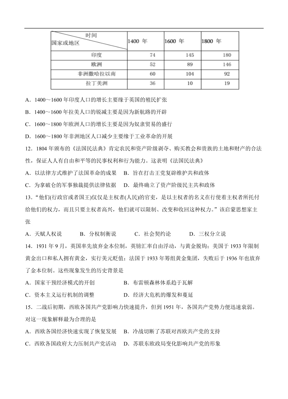 山东省2020届高三下学期3月测试历史试题（含答案）_第3页