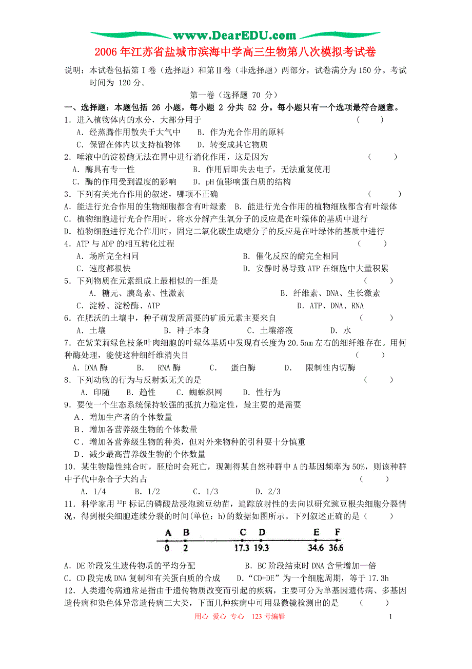 江苏盐城滨海中学高三生物第八次模拟考.doc_第1页