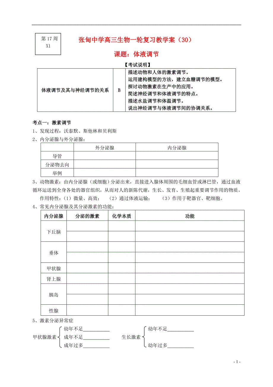 江苏姜堰张甸中学高三生物一轮复习体液调节教学案.doc_第1页