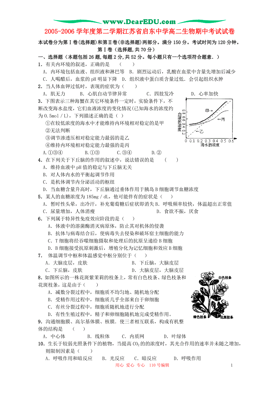 第二学期江苏高二生物期中考试.doc_第1页