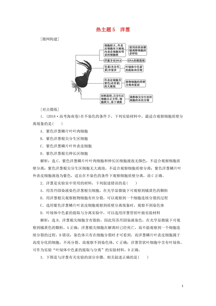 新高考2020高考生物二轮复习第二部分高分冲刺方略策略一热考素材热主题5洋葱教学案.doc_第1页