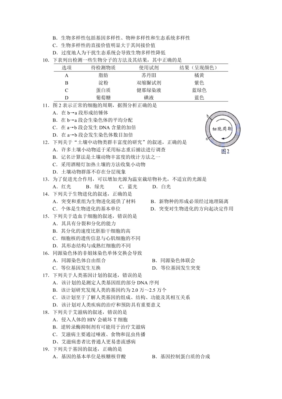 2018年1月广东省普通高中学业水平考试---生物(试卷和答案)_第2页